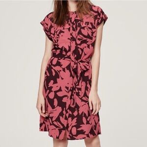 Ann Tavlor LOFT Floral Burgundy And Blush Pink Button Up Sheath Dress w/ Belt XS